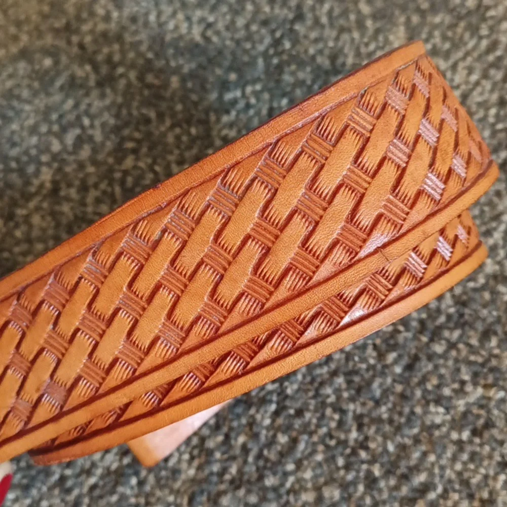 Men's chestnut brown western basket weave stamped belt 48 in long